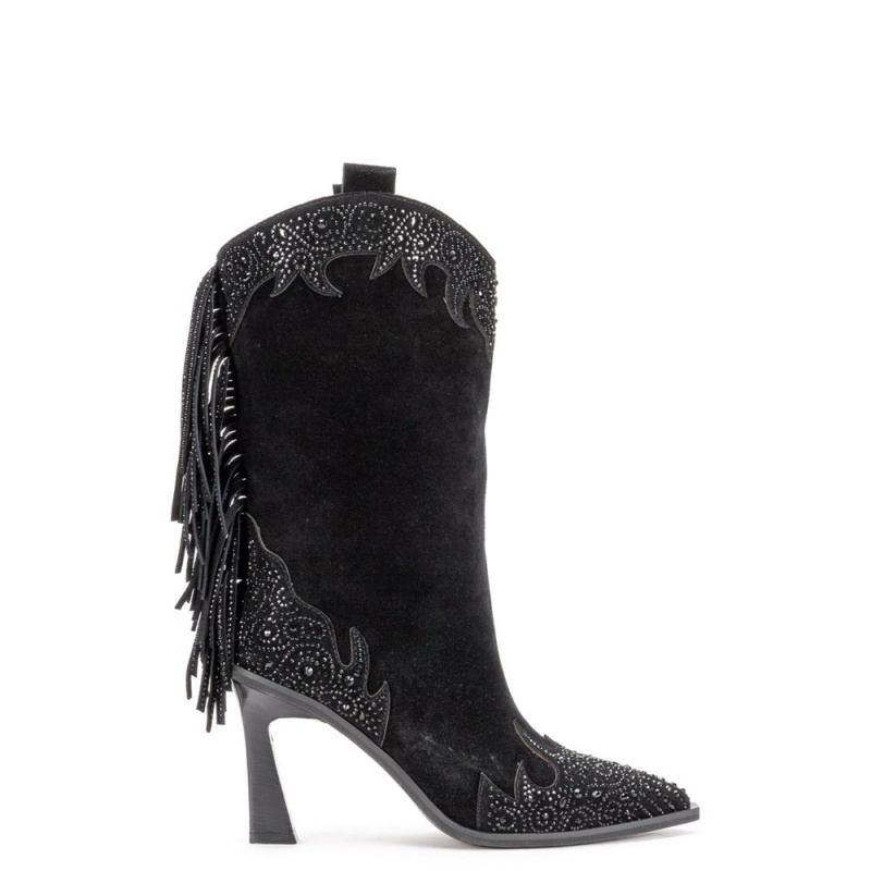 Bottes à Talons Alma En Pena Funnel With Fringes Blanche Noir Femme | KPJ-76614499